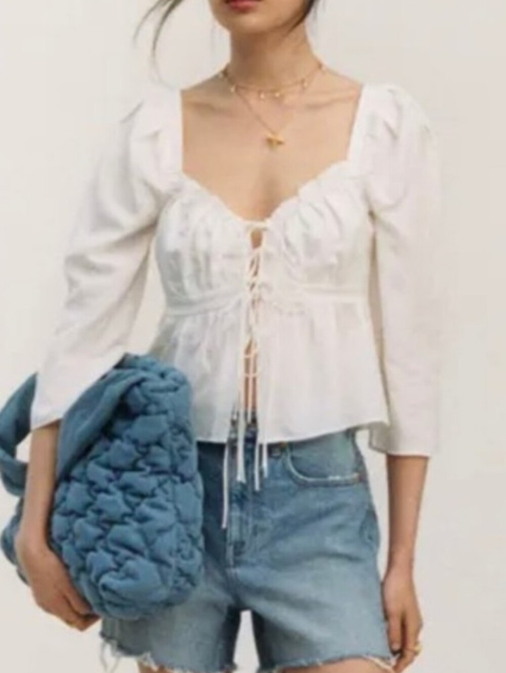 H&M Size Small Linen Blend Women's White Tie-Front Peasant Blouse NWOT